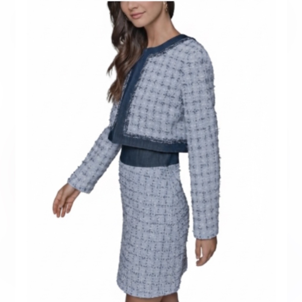 NWT Karl Lagerfeld Cropped Tweed Boucle Jacket Blue/White Metallic Trim Size 12 - Picture 4 of 12